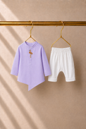 Baby wearing Anaario Lilac Flamingo-Motif Baby Kurta Set, lilac kurta with pink flamingo-embroidered jacket, newborn to 24 months