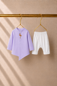 Baby wearing Anaario Lilac Flamingo-Motif Baby Kurta Set, lilac kurta with pink flamingo-embroidered jacket, newborn to 24 months