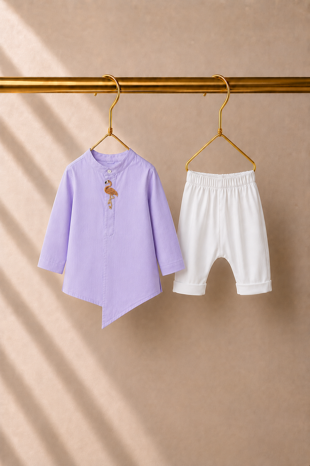 Baby wearing Anaario Lilac Flamingo-Motif Baby Kurta Set, lilac kurta with pink flamingo-embroidered jacket, newborn to 24 months