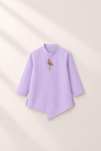 Baby wearing Anaario Lilac Flamingo-Motif Baby Kurta Set, lilac kurta with pink flamingo-embroidered jacket, newborn to 24 months