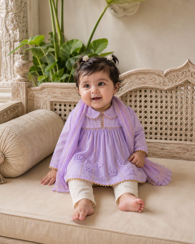 Baby wearing Anaario Lilac Floral Anarkali Set, lilac dress with pants and dupatta, newborn to 24 months