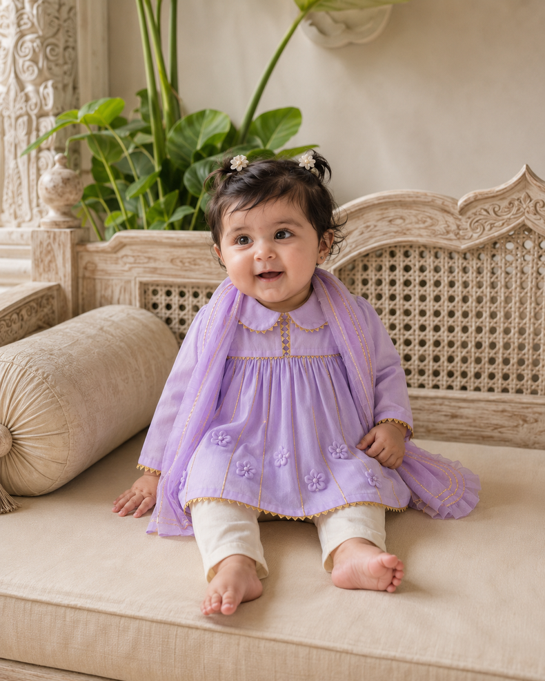 Baby wearing Anaario Lilac Floral Anarkali Set, lilac dress with pants and dupatta, newborn to 24 months