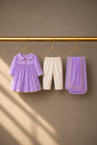 Anaario Lilac Floral Anarkali Set, lilac dress pants and dupatta on hangers