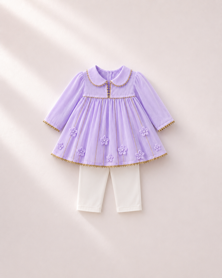 Anaario Lilac Floral Anarkali Set, lilac dress flat lay with 3D floral appliques