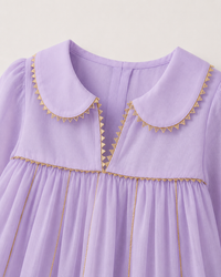 Anaario Lilac Floral Anarkali Set, close up of peter-pan collar with gold rickrack trim
