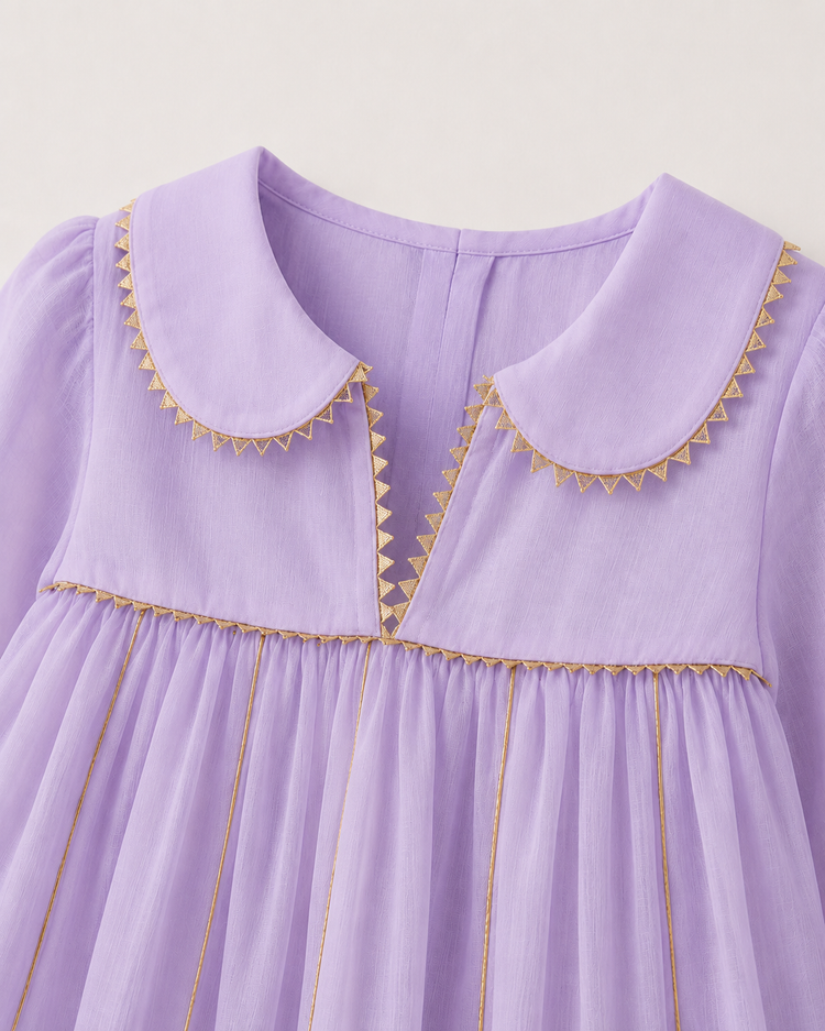 Anaario Lilac Floral Anarkali Set, close up of peter-pan collar with gold rickrack trim