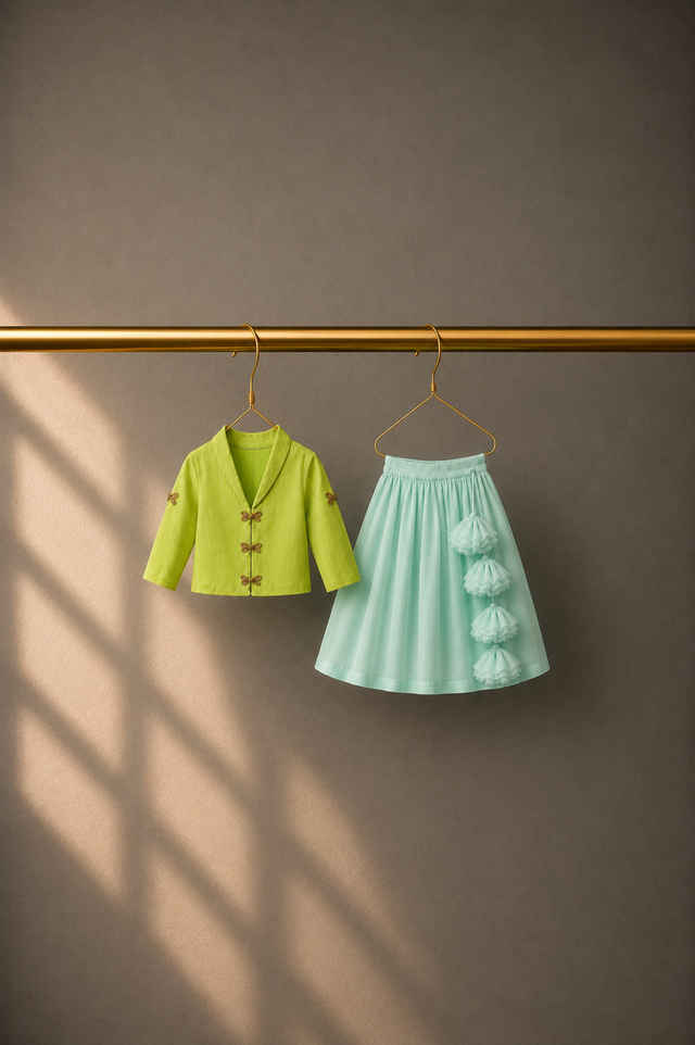 Anaario Lime Dragonfly Jacket-Lehenga Set, lime jacket and mint lehenga on hangers
