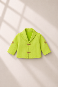 Anaario Lime Dragonfly Jacket-Lehenga Set, lime jacket flat lay with dragonfly button closures