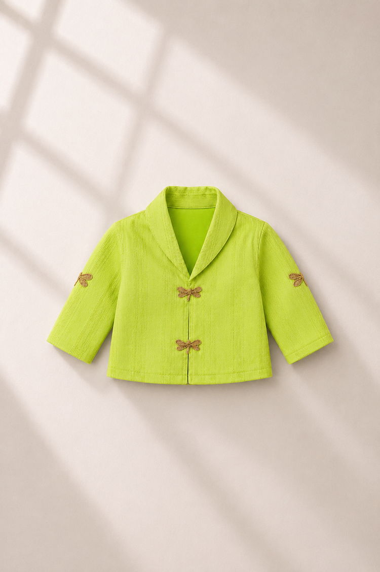 Anaario Lime Dragonfly Jacket-Lehenga Set, lime jacket flat lay with dragonfly button closures