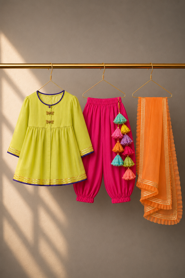 Girl wearing Anaario Lime Green Dragonfly Patiala Salwar Set