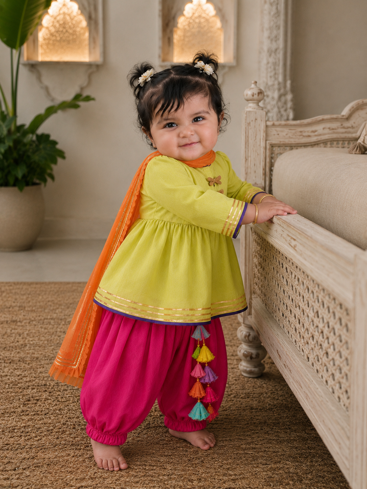 Girl wearing Anaario Lime Dragonfly Motif Patiala Salwar Set, second pose