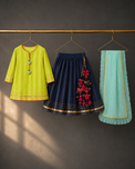Girl wearing Anaario Lime Green Navy Lehenga Set