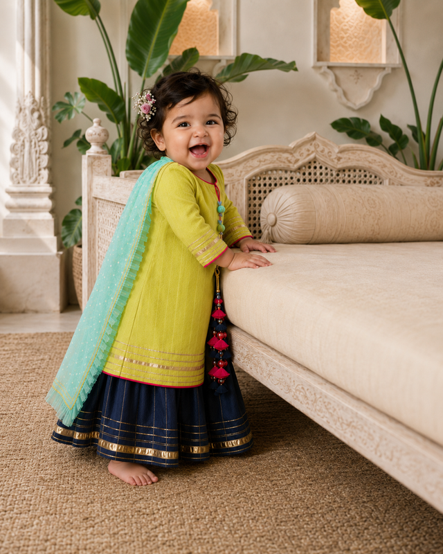 Girl wearing Anaario Lime Navy Lehenga Set, second pose
