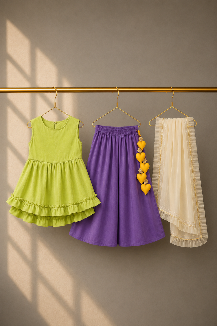 Girl wearing Anaario Lime Purple Palazzo Set