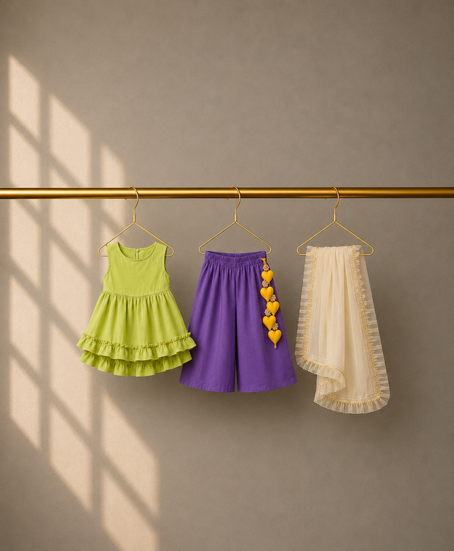 Anaario Lime Purple Peplum Co-ord Set, lime top purple pants and dupatta on hangers