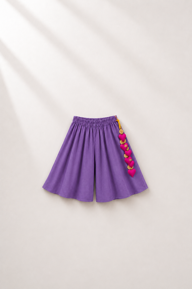 Anaario Lime Purple Peplum Co-ord Set, purple palazzo pants flat lay with heart-charm tassel