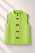 Lime Waistcoat with Dragonfly embroidered buttons - flat lay