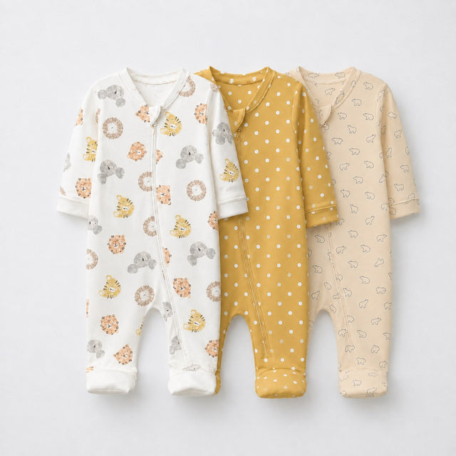 Lion & Koala bamboo baby sleepsuit combo — coordinating full-sleeve two-way zip romper onesies