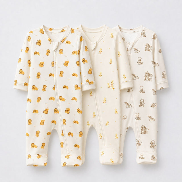 Little Lion bamboo baby sleepsuit combo — coordinating full-sleeve two-way zip romper onesies
