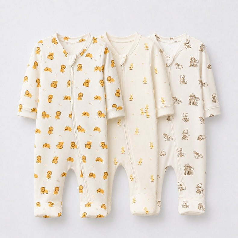 Little Lion bamboo baby sleepsuit combo — coordinating full-sleeve two-way zip romper onesies