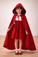 Girl wearing Anaario Little Red Riding Hood Dress, red hooded cape over white and red dress