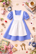 Girl wearing Anaario Lost in Wonderland Dress, blue Alice-style dress with white pinafore apron and black bow