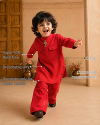 Red Flamingo-Motif Boys' Kurta Set features