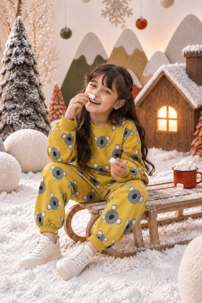 Mustard Koala Jogger Set on girl by Anaario – winter kidswear