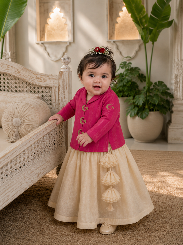 Magenta jacket-style top with gold moon and star buttons and cream gold flared lehenga skirt for baby girl
