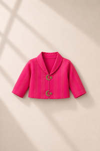 Anaario Magenta Moon-Star Jacket-Lehenga Set, magenta jacket flat lay with gold moon-star buttons