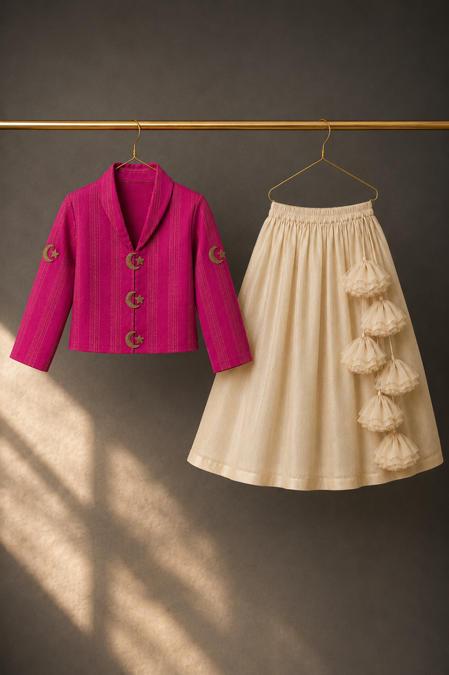 Girl wearing Anaario Magenta Moon-Star Jacket-Lehenga Set