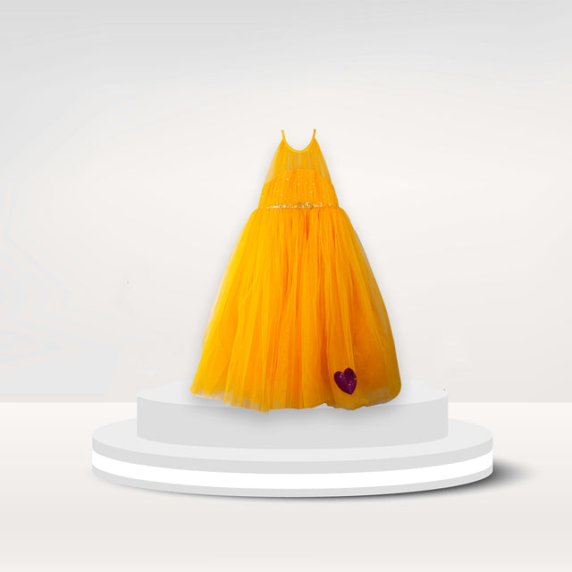 Anaario Marigold Sunshine Gown, golden orange tulle gown with sequin bodice and heart appliqué, front view