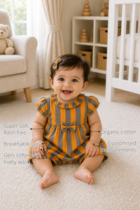 Orange Taupe Stripe Puff Sleeve Baby Romper features