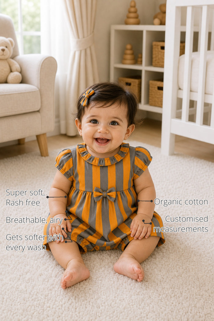 Orange Taupe Stripe Puff Sleeve Baby Romper features