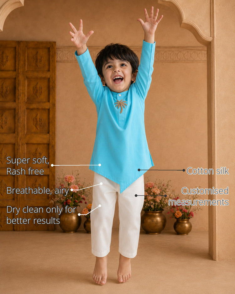 Turquoise Palm-Motif Asymmetrical Boys' Kurta features