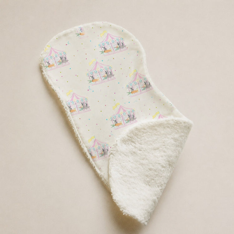Merry-Go-Round bamboo baby burp cloth — soft bamboo cotton flatlay