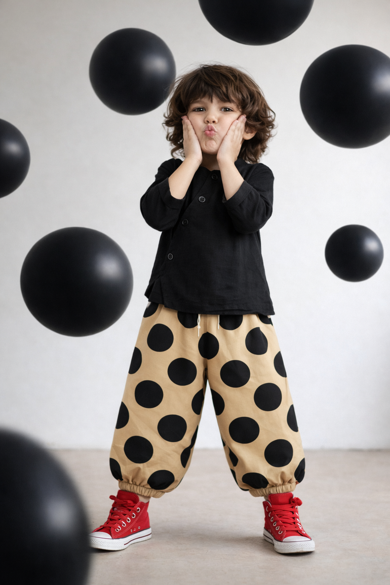 Boy wearing Anaario Midnight Dot Wrap Co-ord Set