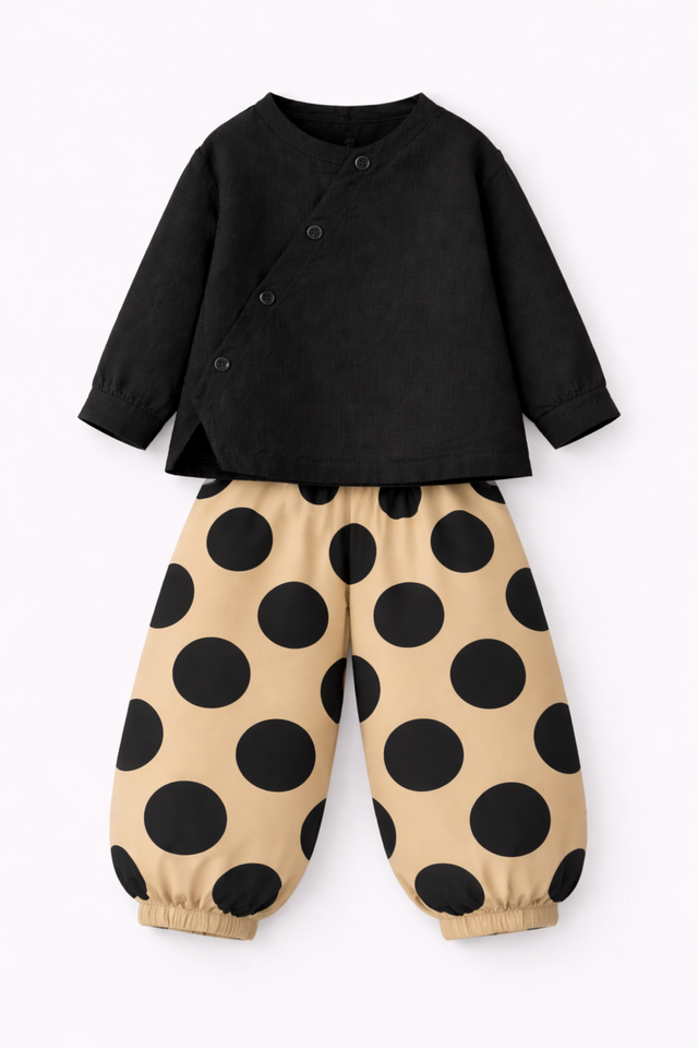 Boy wearing Anaario Midnight Dot Wrap Co-ord Set