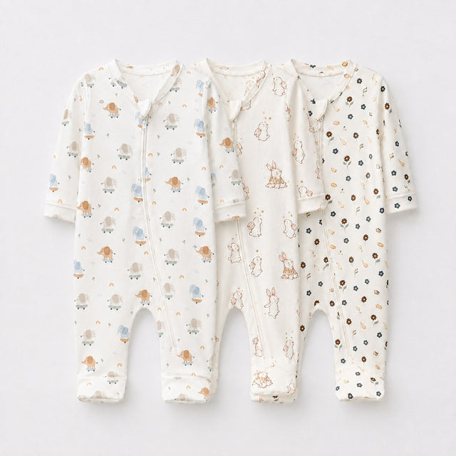 Mini Elephant bamboo baby sleepsuit combo — coordinating full-sleeve two-way zip romper onesies