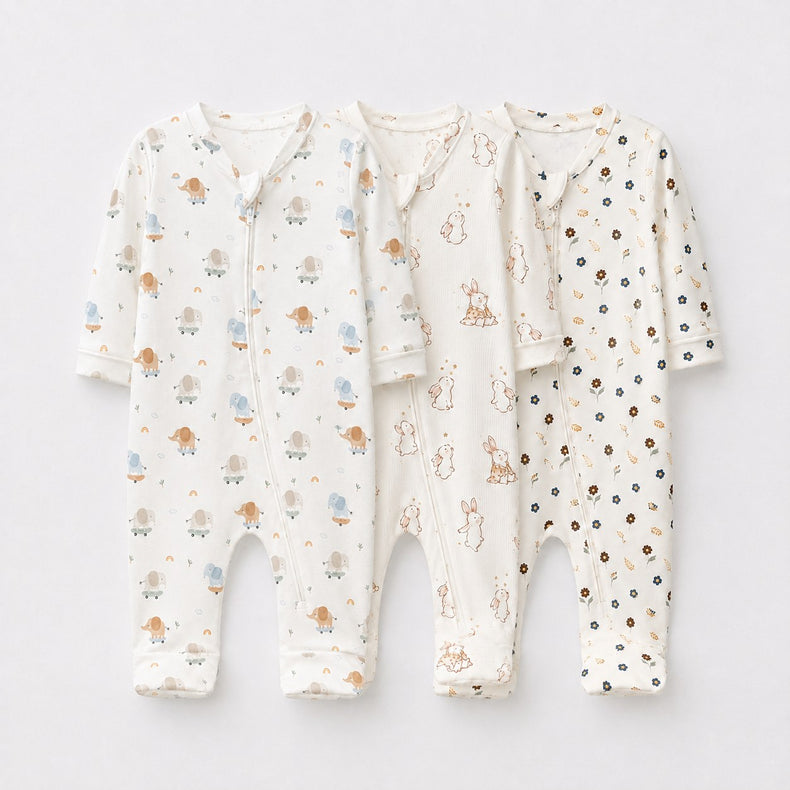 Mini Elephant bamboo baby sleepsuit combo — coordinating full-sleeve two-way zip romper onesies