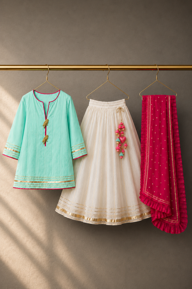 Girl wearing Anaario Mint Bird Lehenga Set