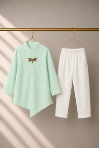 Mint dragonfly-motif asymmetrical kurta by Anaario - pose 2