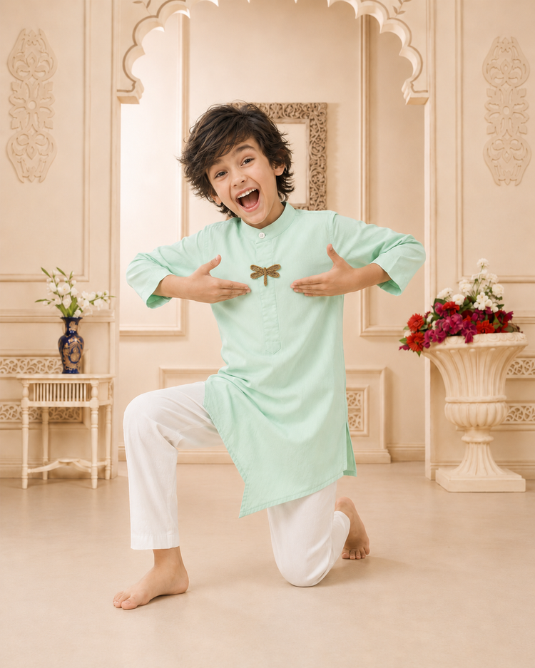 Mint dragonfly-motif asymmetrical kurta by Anaario - back view