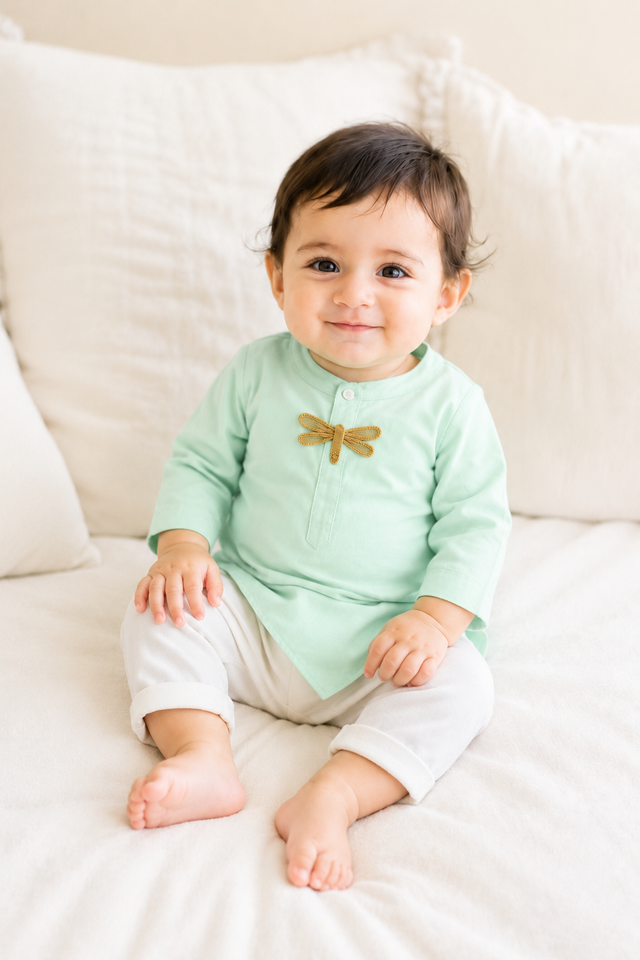 Baby wearing Anaario Mint Dragonfly-Motif Baby Kurta Set, mint green kurta with dragonfly-embroidered jacket, newborn to 24 months