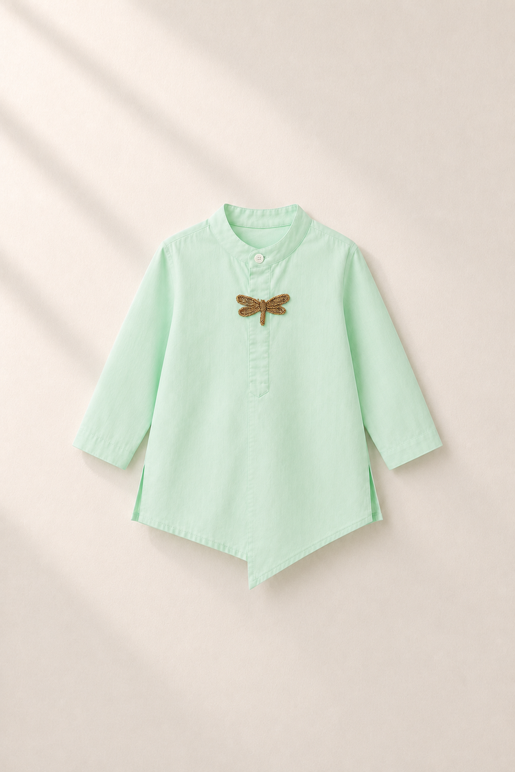 Baby wearing Anaario Mint Dragonfly-Motif Baby Kurta Set, mint green kurta with dragonfly-embroidered jacket, newborn to 24 months