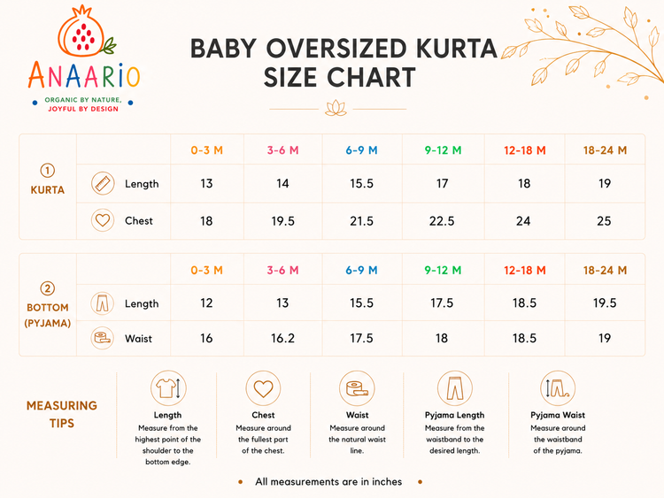 Anaario baby boy kurta size chart in inches showing kurta length, chest and waist by age