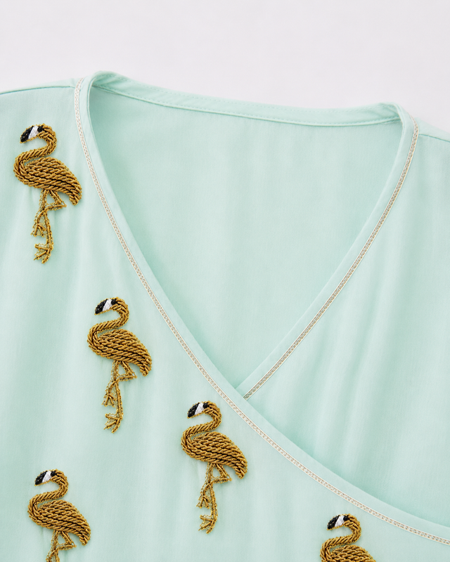 Anaario Mint Green Flamingo Angrakha Set, close-up of Dabka-embroidered flamingo motif