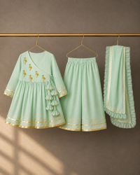 Girl wearing Anaario Mint Green Flamingo Angrakha Set