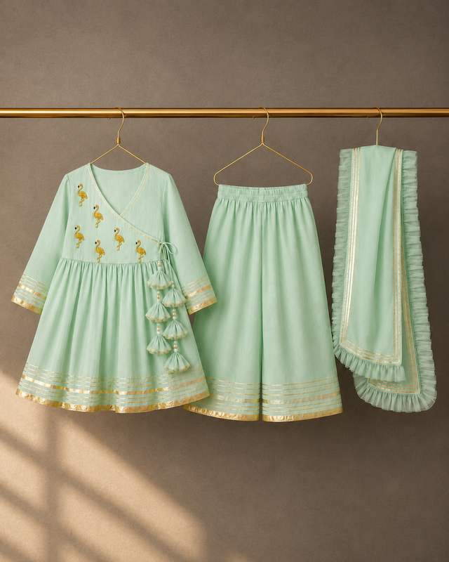 Girl wearing Anaario Mint Green Flamingo Angrakha Set