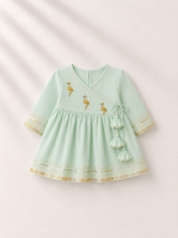 Anaario Mint Green Flamingo Angrakha Set, mint green wrap top flat lay with gold flamingo embroidery